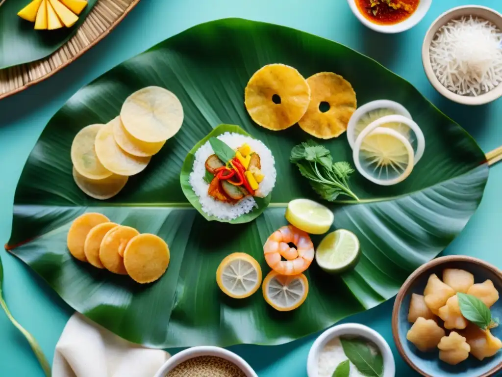 Delicias saludables del sudeste asiático en acuarela Un festín de Snacks saludables Sudeste Asiático en acuarela vibrante sobre hoja de plátano