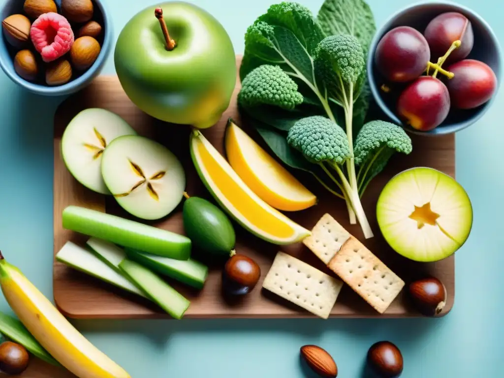 Bodegón saludable de frutas y frutos secos Un festín de snacks saludables en una tabla de madera con certificaciones normativas