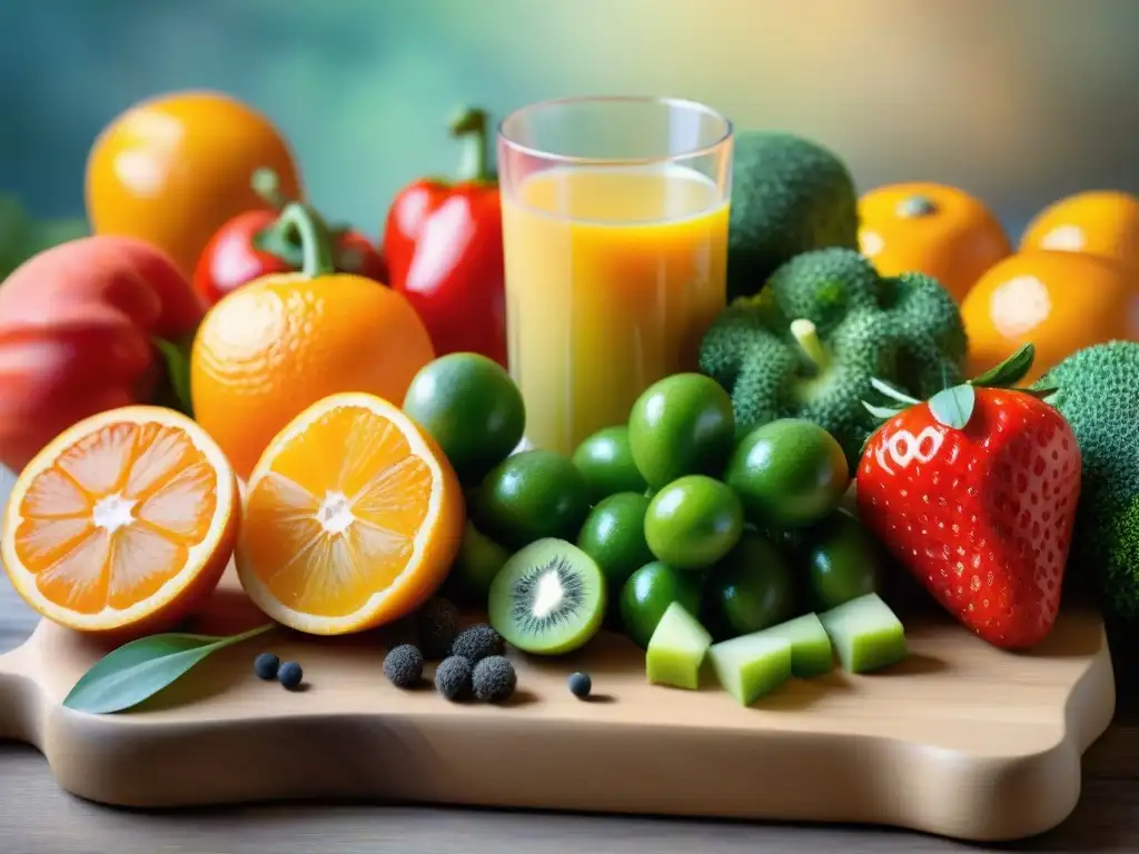 Bodegón de snacks saludables con Vitamina C Un festín de snacks saludables con vitamina C: naranjas, fresas, kiwi, pimientos y brócoli en acuarela, ¡una explosión de colores y frescura!