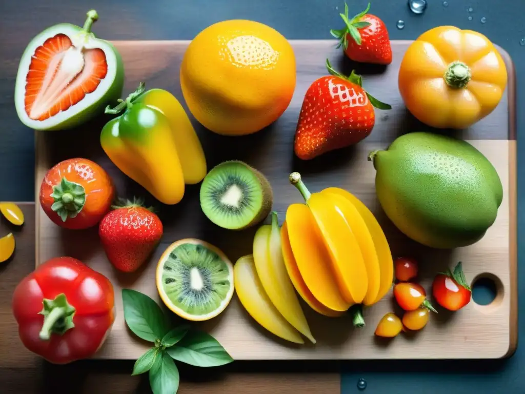 Deliciosos snacks repletos de vitamina C en acuarela detallada Un festín de snacks saludables con vitamina C: suculentas naranjas, fresas frescas, pimientos coloridos y kiwi jugoso en tabla de madera