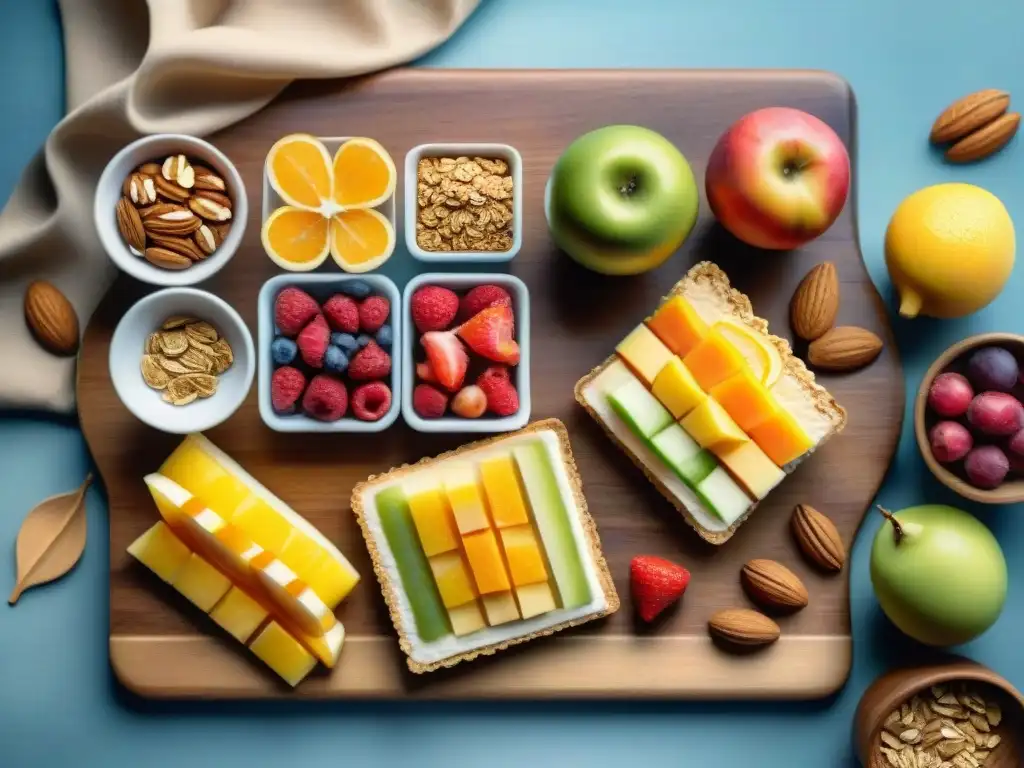 Deliciosos snacks de frutas y frutos secos en acuarela Un festín de snacks saludables con vitaminas: frutas, frutos secos y barras de granola, detallados en acuarela