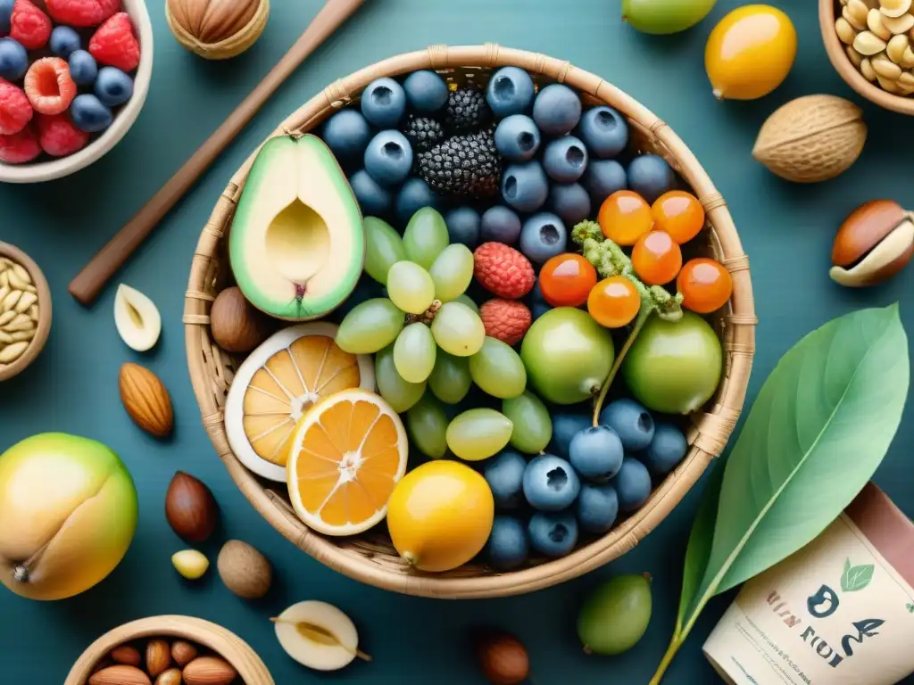 Bodegón de snacks saludables: ilustración detallada en acuarela Un festín de snacks saludables con vitaminas: frutas coloridas, frutos secos y semillas desbordando de una cesta tejida en una mesa de madera