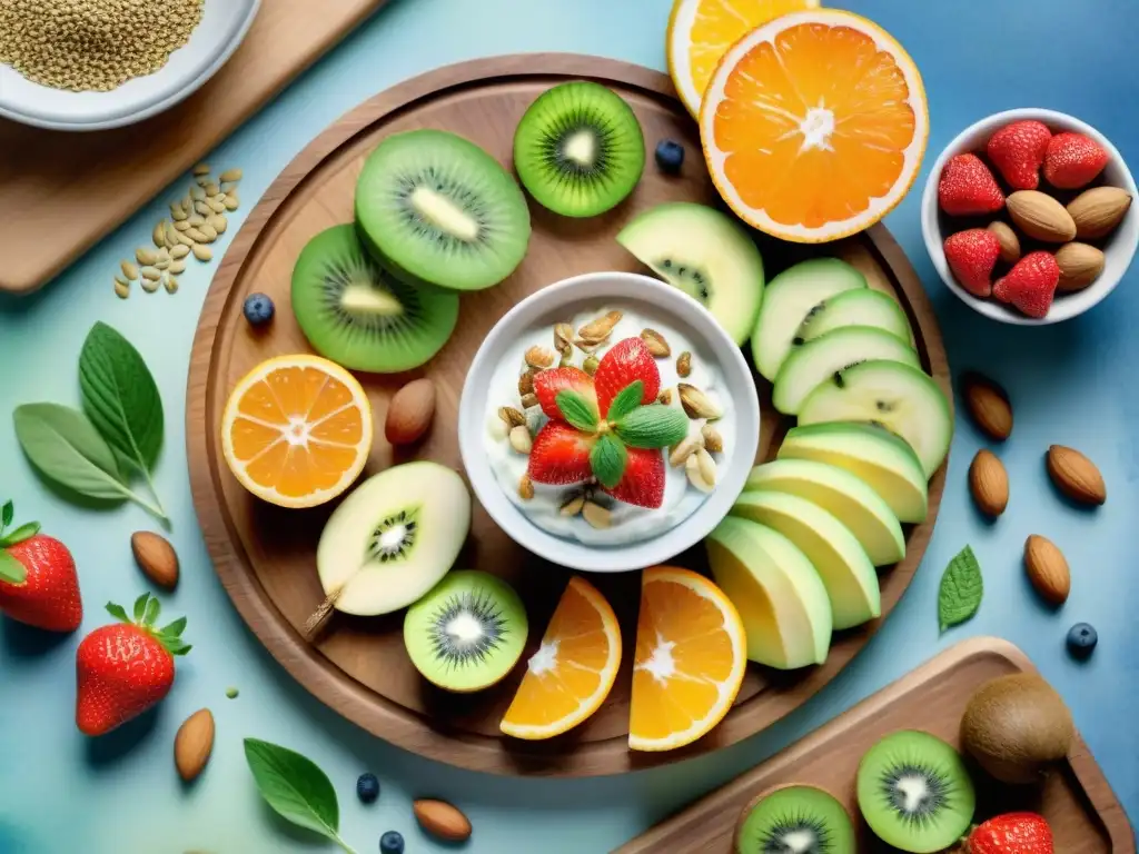 Bodegón saludable: snacks vibrantes y frescos en acuarela Un festín de snacks saludables con vitaminas: frutas frescas, frutos secos, semillas, yogur griego y aguacate en acuarela detallada