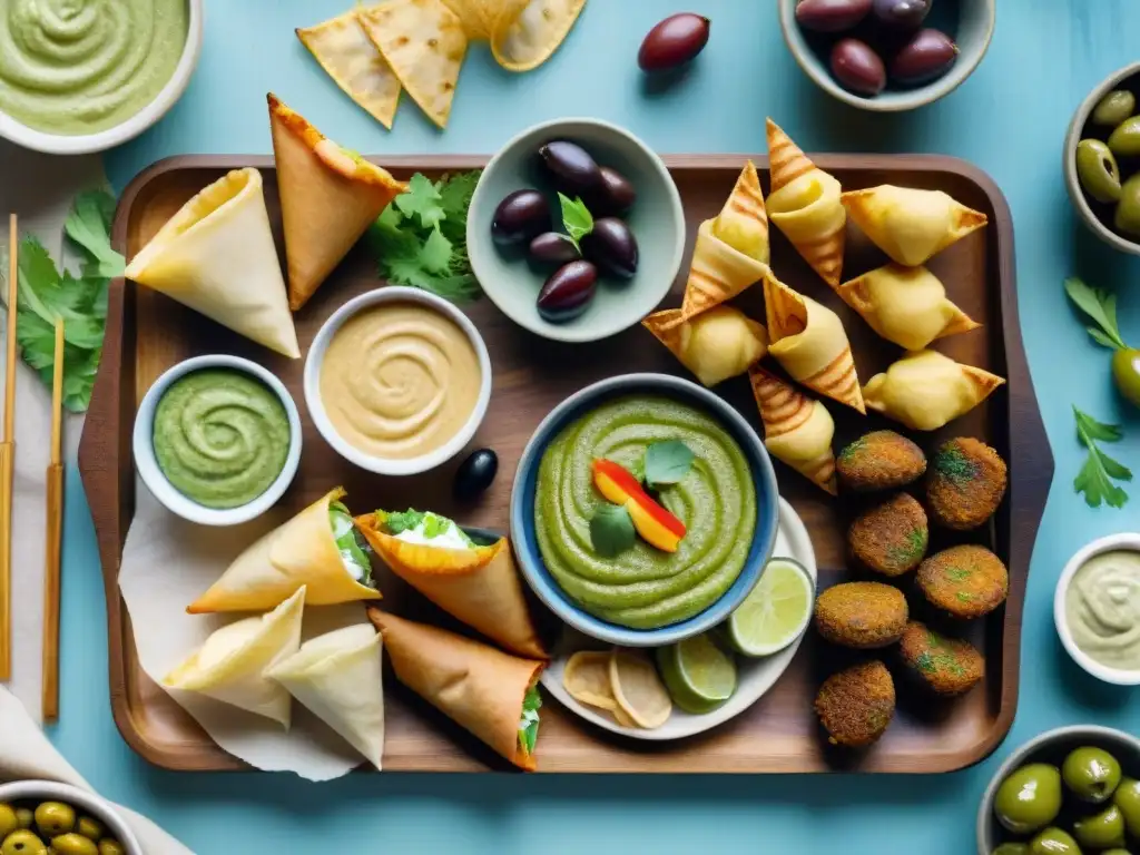 Delicias veganas internacionales: ilustración acuarela detallada Un festín vegano internacional: rollos de primavera, falafel, chips de plátano, dango y hummus en una tabla