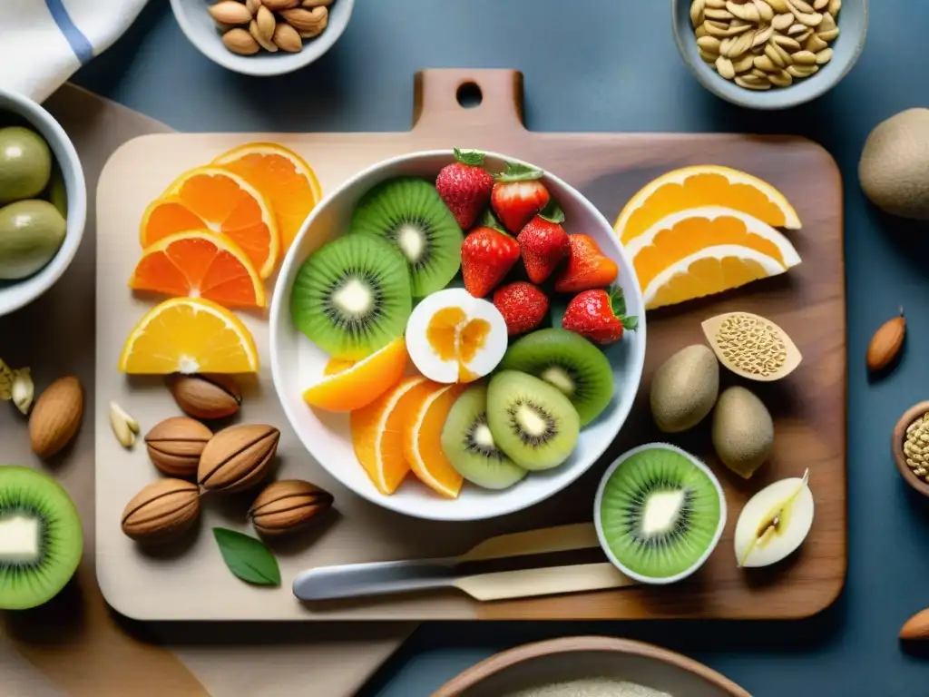 Bodegón vegano: Frutas, frutos secos y hummus en acuarela Un festín vegano: snacks saludables y equilibrados con frutas frescas, frutos secos y hummus