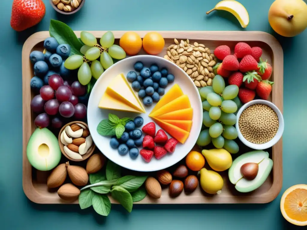 Plato vegano abundante y vibrante: frutas, frutos secos y verduras Un festín vegano vibrante y abundante en acuarela: frutas frescas, nueces, semillas y vegetales coloridos en una tabla de madera