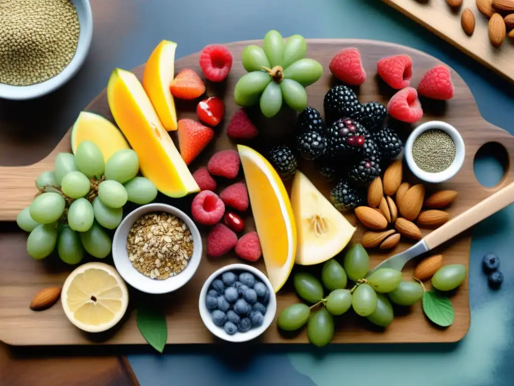 Tabla vegana colorida y fresca: ilustración en acuarela Un festín vegano vibrante con frutas, frutos secos y barras de proteína en acuarela detallada