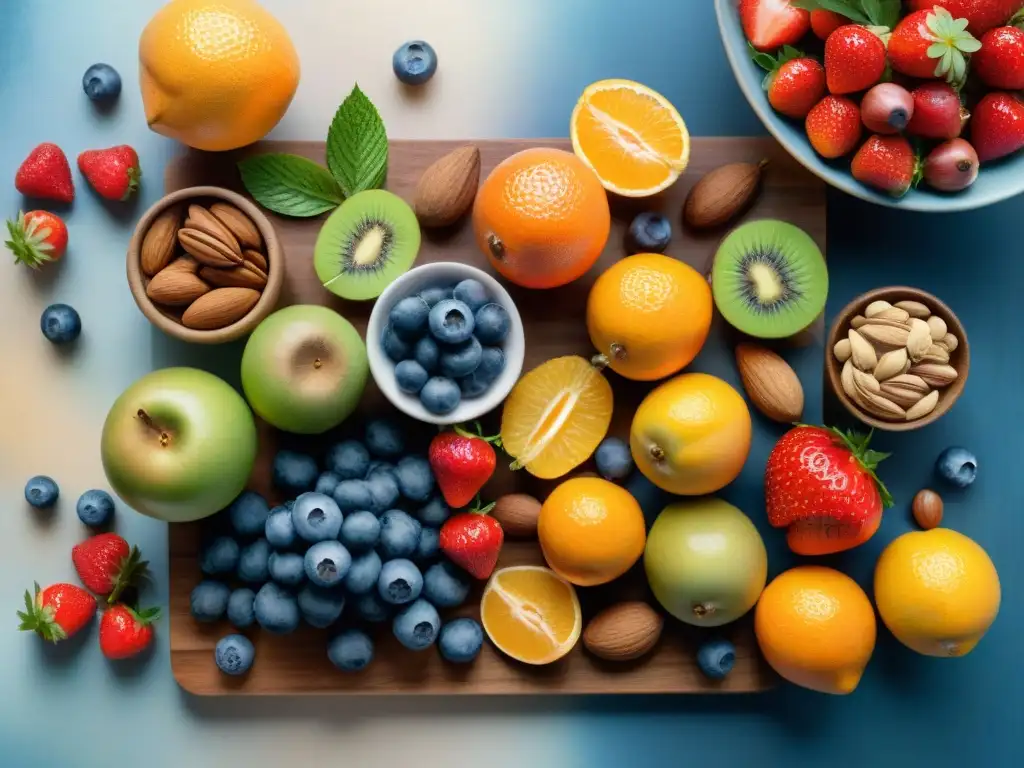 Delicias saludables: frutas y frutos secos vibrantes en acuarela Un festín vibrante de frutas y frutos secos en acuarela