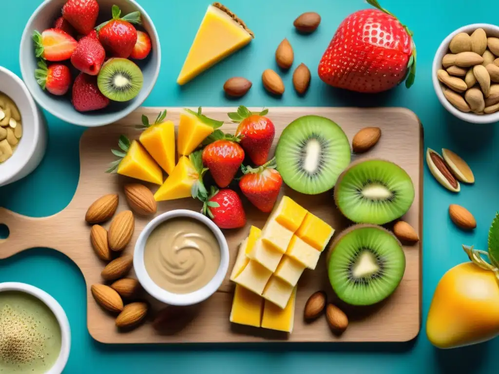 Bodegón vegano: snacks coloridos y saludables en tabla de madera Un festín vibrante de snacks saludables para veganos energía en una tabla de madera