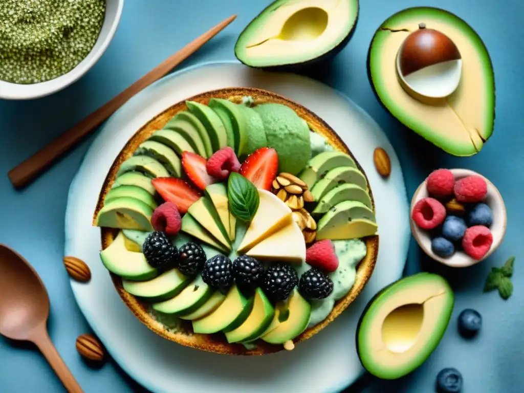 Bodegón vibrante de snacks saludables: frutas, aguacate y chía Un festín vibrante de snacks saludables con vitaminas, ricos en colores y nutrientes esenciales