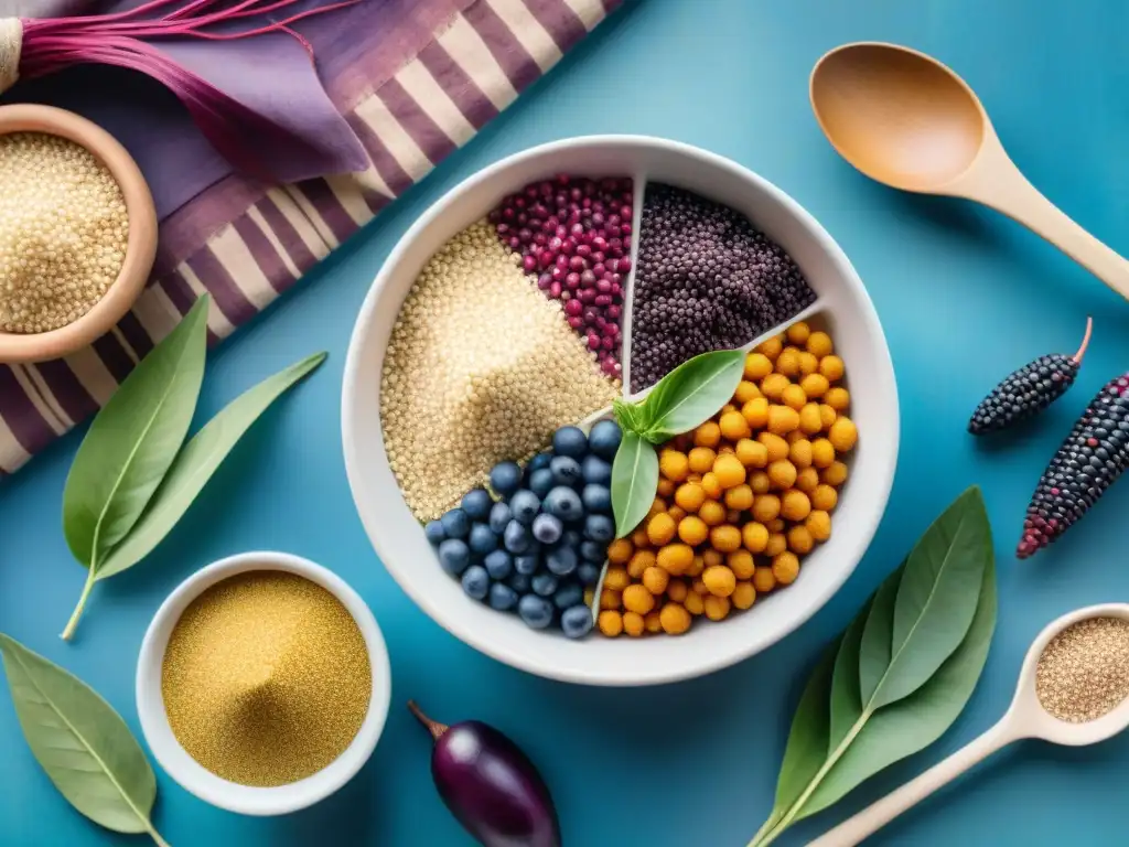 Delicias andinas: Superfoods de Perú en acuarela Un festín vibrante de snacks saludables con superfoods peruanos sobre textil andino