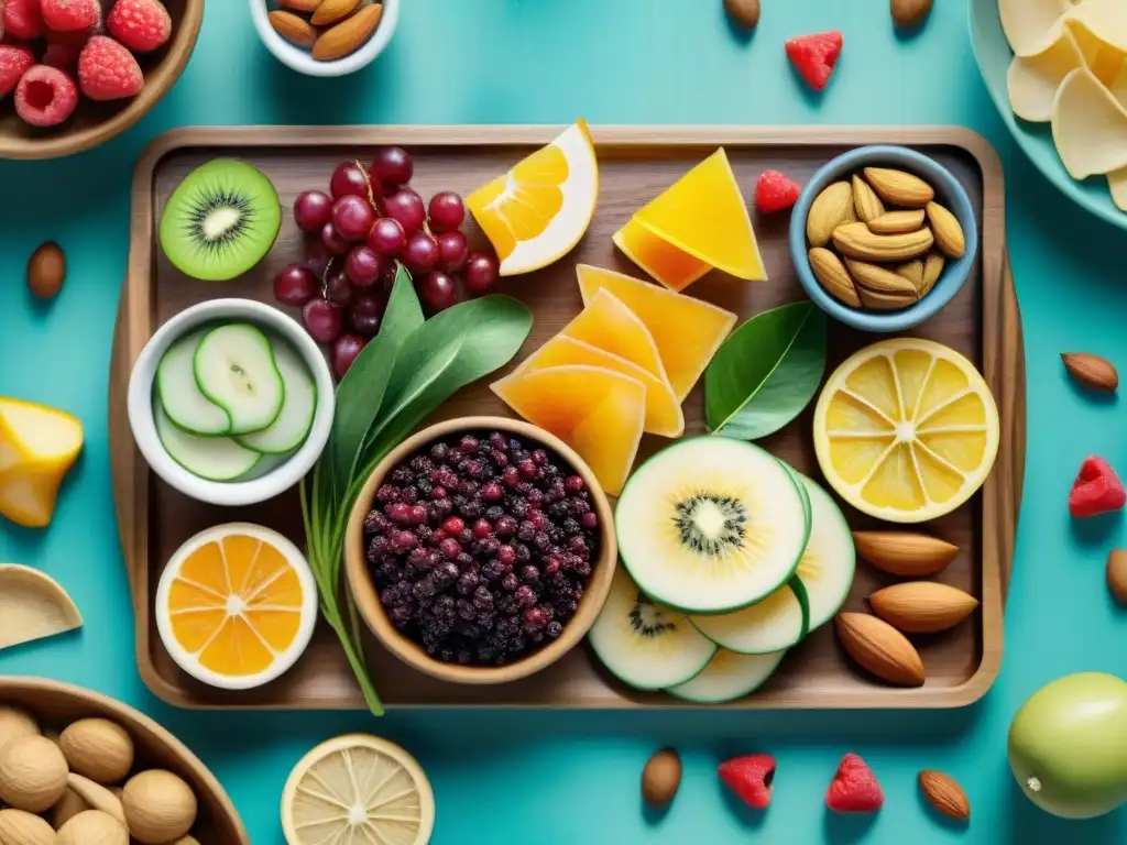 Un festín vibrante de snacks saludables innovadores y deliciosos en una bandeja de madera rústica