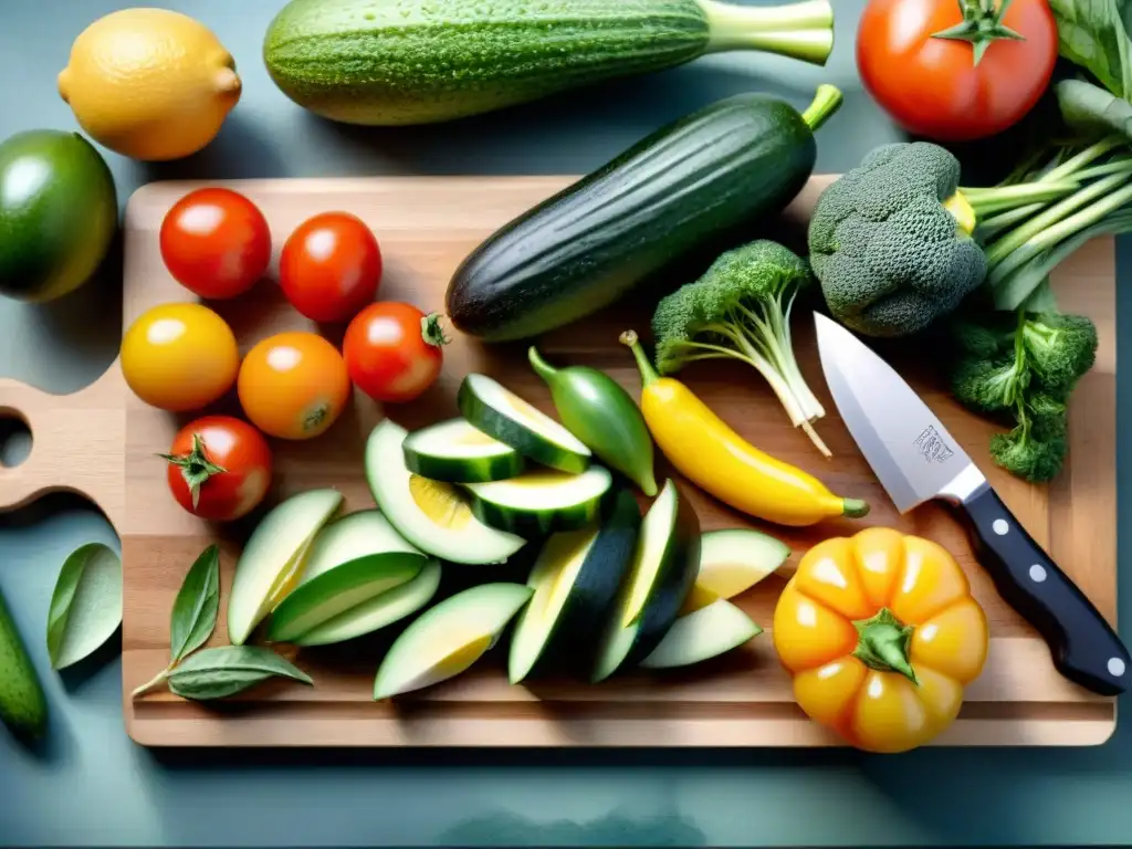 Cuadro acuarela de vegetales frescos y coloridos con cuchillo de chef Un festín visual de cortar ingredientes snacks saludables con detalles vibrantes y frescos en acuarela