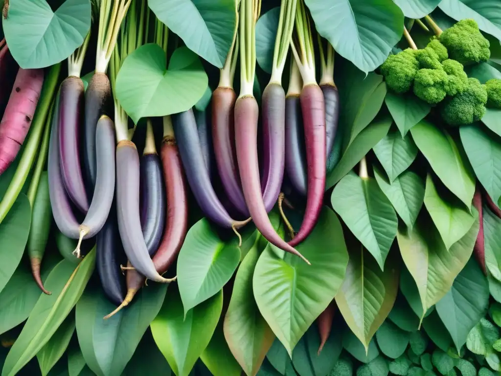 Raíces y tubérculos: una explosión de color y texturas naturales Un festín visual de raíces indígenas vibrantes y frescas en medio de exuberante vegetación tropical