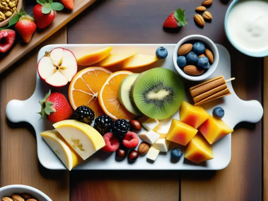 Bodegón saludable: snacks coloridos y frescos en acuarela detallada Un festín visual de recetas snacks saludables caseros DIY: coloridas brochetas de frutas, barras de granola y yogur parfait en tabla rústica