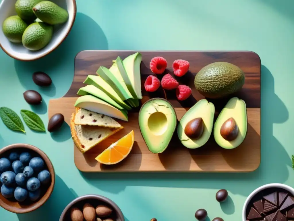 Un festín visual: snacks saludables para estudiar como nueces, frutos rojos, aguacate, chocolate negro y té verde en una tabla de madera