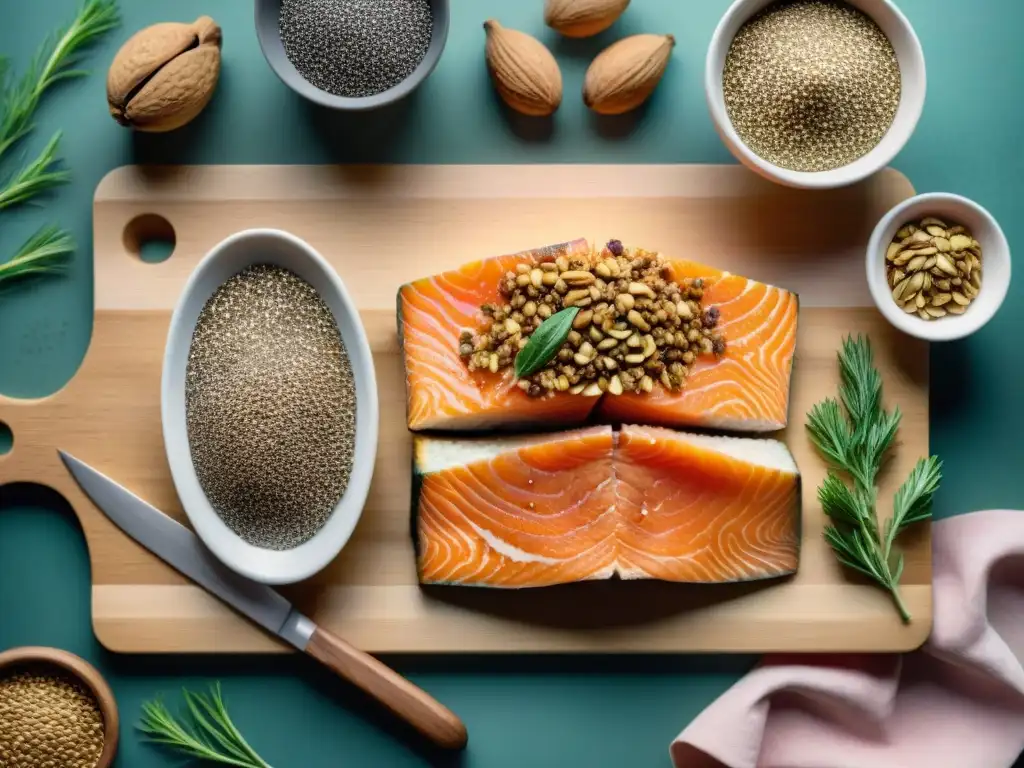 Delicias Omega-3: Detalles en Acuarela Un festín visual de snacks saludables con omega 3: nueces, semillas de lino, chía y salmón en una tabla de madera