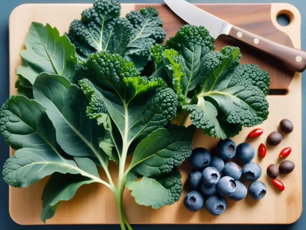 Deliciosos superalimentos antioxidantes en acuarela Un festín visual de snacks saludables con superalimentos antioxidantes como arándanos, kale, bayas de goji y chocolate negro sobre tabla de madera