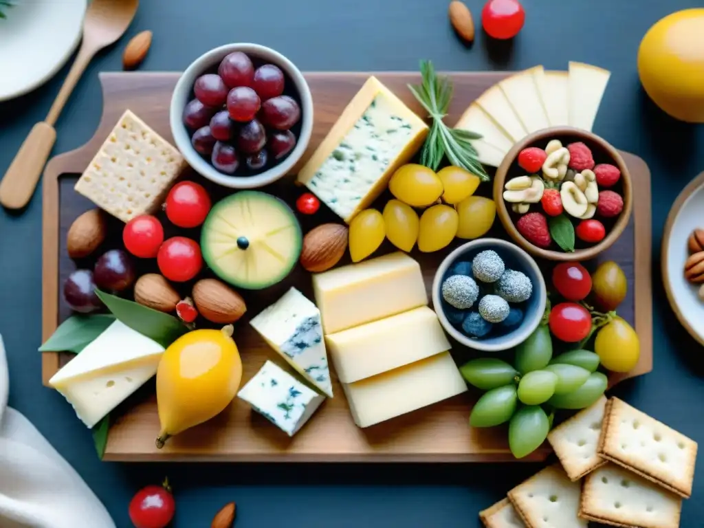 Exquisita tabla gourmet con snacks saludables y exóticos Un festín visual de snacks saludables importados gourmet, con frutas exóticas, quesos artesanales y nueces orgánicas en tabla de madera