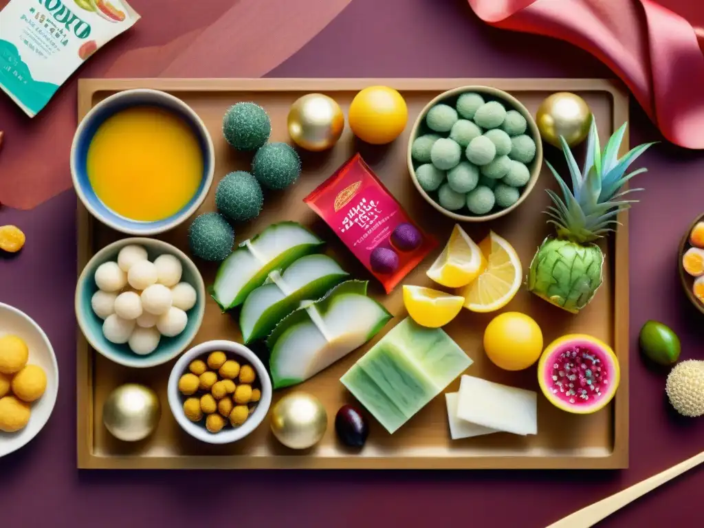 Delicias exóticas: un festín visual de lujo en acuarela Un festín visual de snacks saludables exóticos importados en acuarela detallada