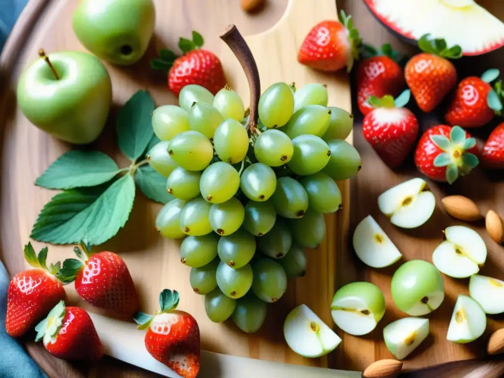Bodegón saludable: snacks sin gluten en acuarela detallada Un festín visual de snacks saludables sin gluten: fresas rojas, manzanas verdes, almendras doradas y uvas jugosas en una tabla de madera