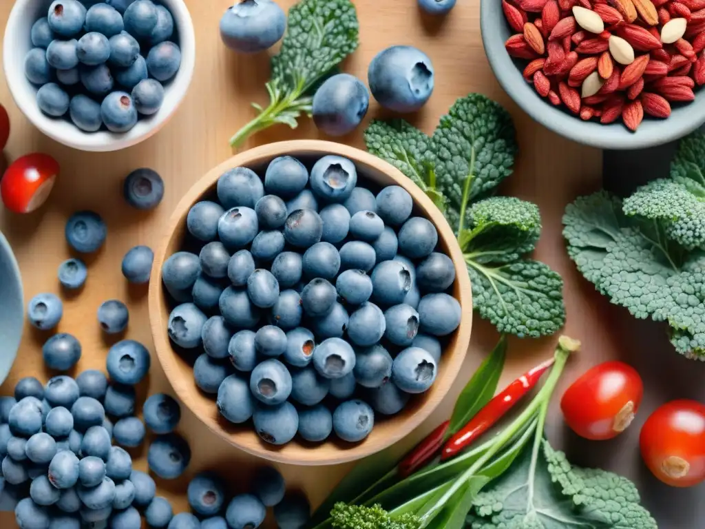 Deliciosos superalimentos en acuarela: una explosión de colores y texturas Un festín visual de snacks saludables con superalimentos: arándanos, semillas de chía, kale, bayas de goji y almendras sobre tabla de madera