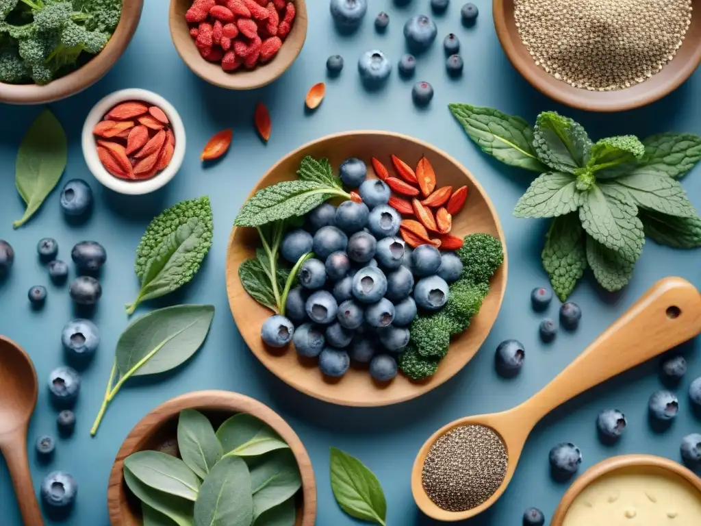 Superfoods vibrantes: ilustración acuarela detallada y apetitosa Un festín visual de superalimentos vibrantes en una tabla de madera