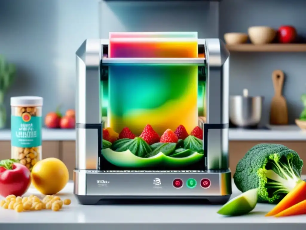 Cocina Futurista: Impresora 3D creando snacks saludables Un futurista escenario de cocina con una impresora 3D creando snacks saludables y coloridos