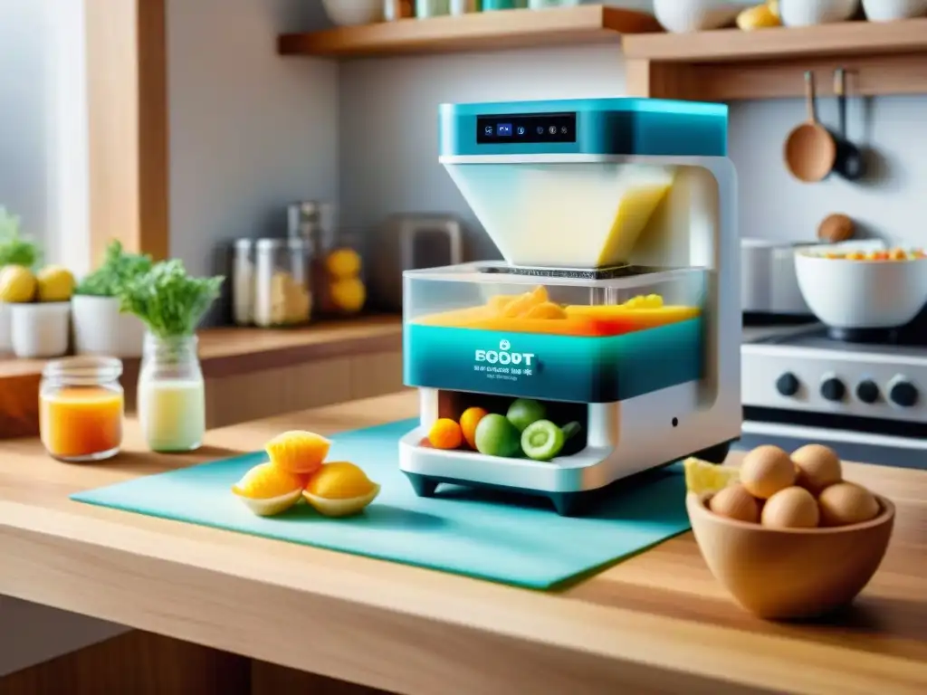 Escena futurista de cocina con impresora 3D creando snacks coloridos Un futurista escenario de cocina con impresora 3D creando snacks saludables en detalle