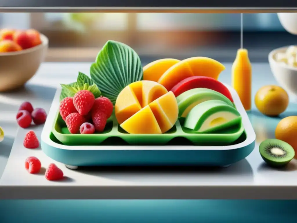 Snacks 3D: Futuro de la alimentación saludable Un futurista mostrador de cocina con impresora 3D integrada produciendo snacks saludables en capas coloridas