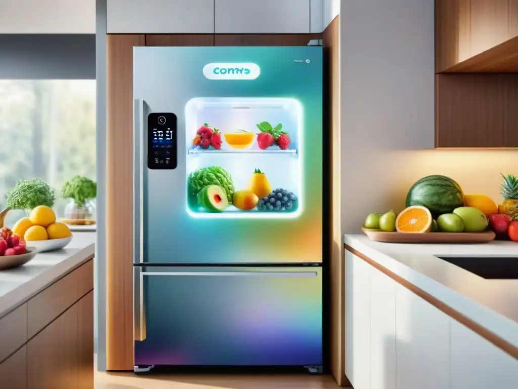 Cocina futurista con nevera inteligente y holograma de asistente digital Un futurista refrigerador inteligente en una cocina, con snacks saludables y frescos