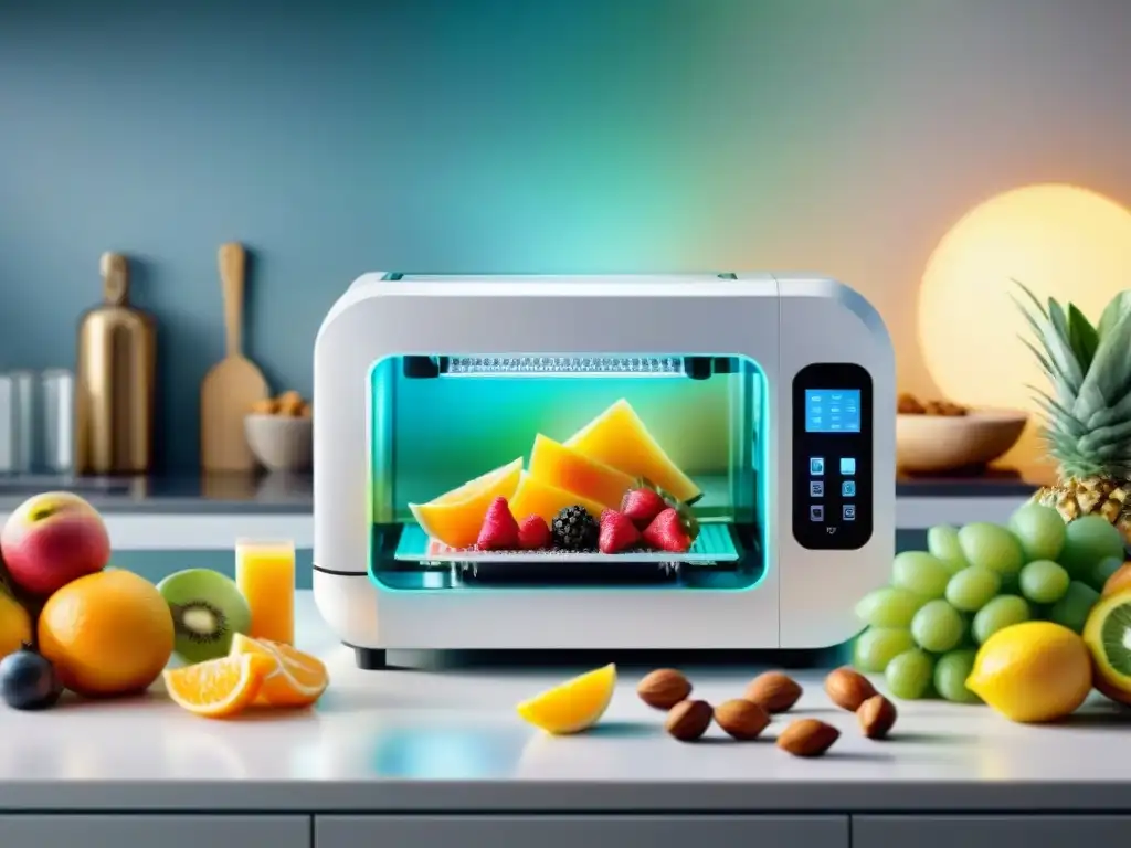 Cocina futurista: Impresora 3D crea snacks saludables Un futurista setup de cocina con impresora 3D creando snacks saludables como frutas, nueces y barras energéticas