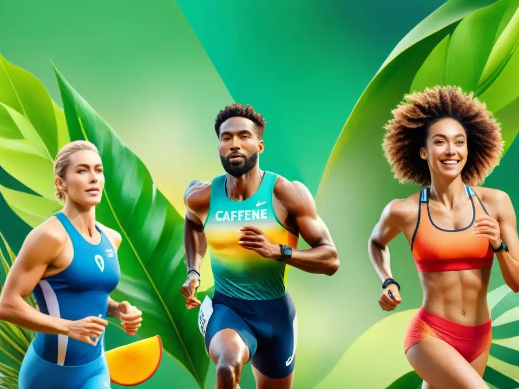 Deportistas disfrutando bocadillos energéticos Un grupo diverso de atletas disfruta de snacks energéticos saludables con cafeína, rodeados de naturaleza vibrante