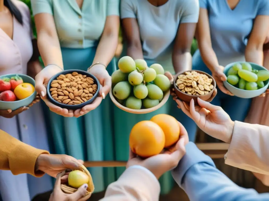 Cuidadores unidos disfrutando snacks saludables Un grupo diverso de cuidadores disfruta de snacks saludables como frutas, nueces y barras de granola