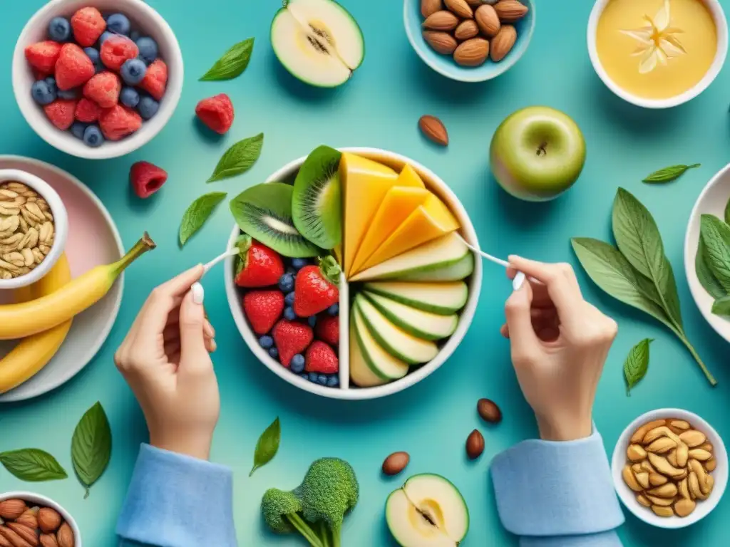 Grupo diverso de cuidadores inspirados en la determinación y el bienestar Un grupo diverso de cuidadores realizando tareas de cuidado, rodeados de alimentos vibrantes