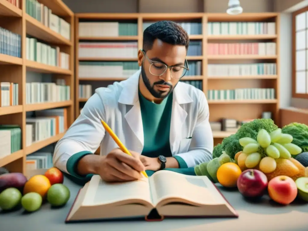 Estudio nutricional en laboratorio: diversidad y conocimiento Un grupo diverso estudia detalladamente interpretación estudios científicos nutrición en laboratorio luminoso y colorido