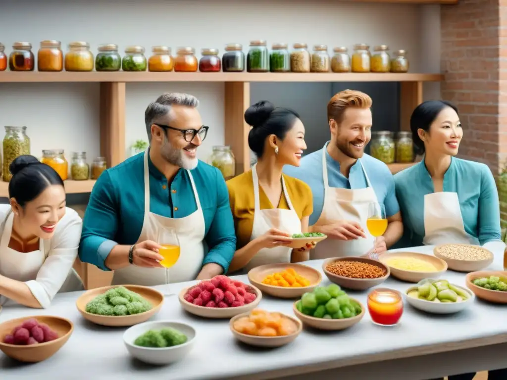 Expertos degustando snacks fermentados: ilustración detallada Un grupo diverso de expertos en snacks saludables fermentados degustando y discutiendo, rodeados de alimentos fermentados y gráficos informativos