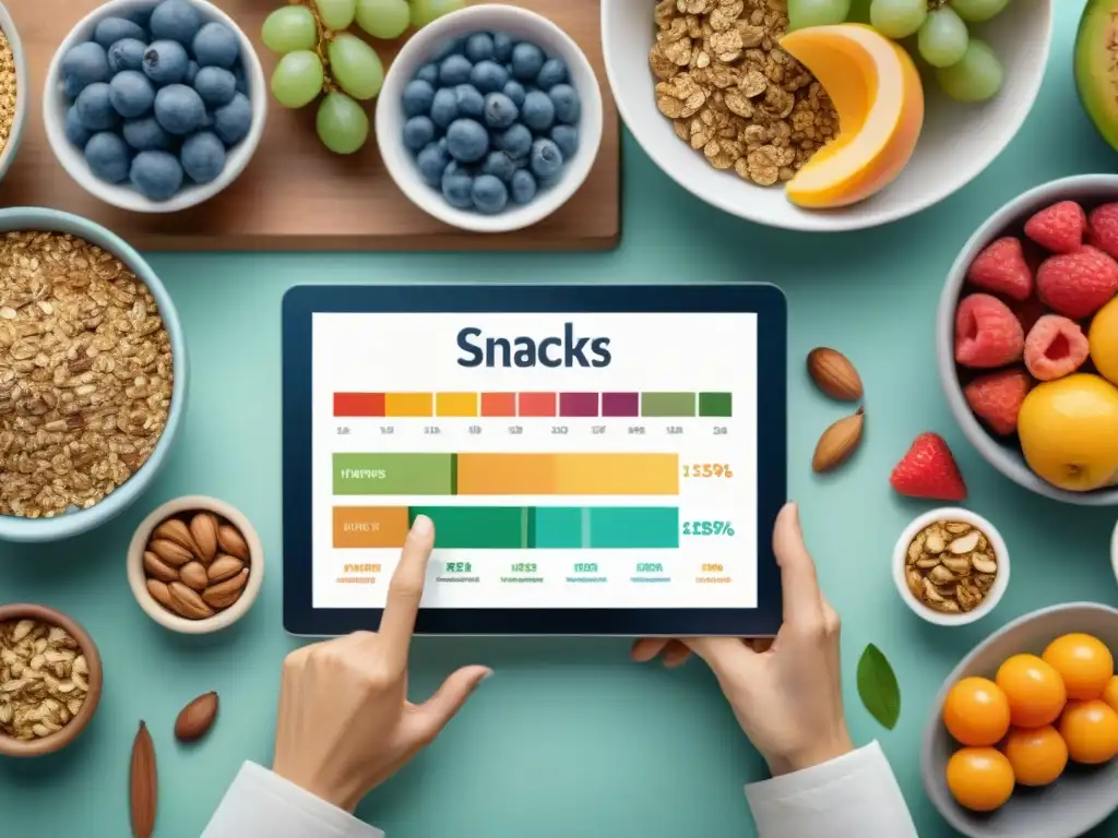 Reunión de expertos en snacks saludables: SEO, recetas y estrategias Un grupo diverso de expertos en snacks saludables colaborando en estrategias SEO