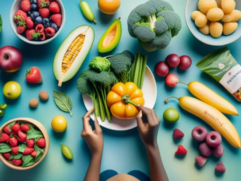 Degustación saludable: diversidad, frutas y conversación Un grupo diverso ofrece feedback sobre snacks saludables rodeados de frutas y verduras, en una escena cálida y acogedora