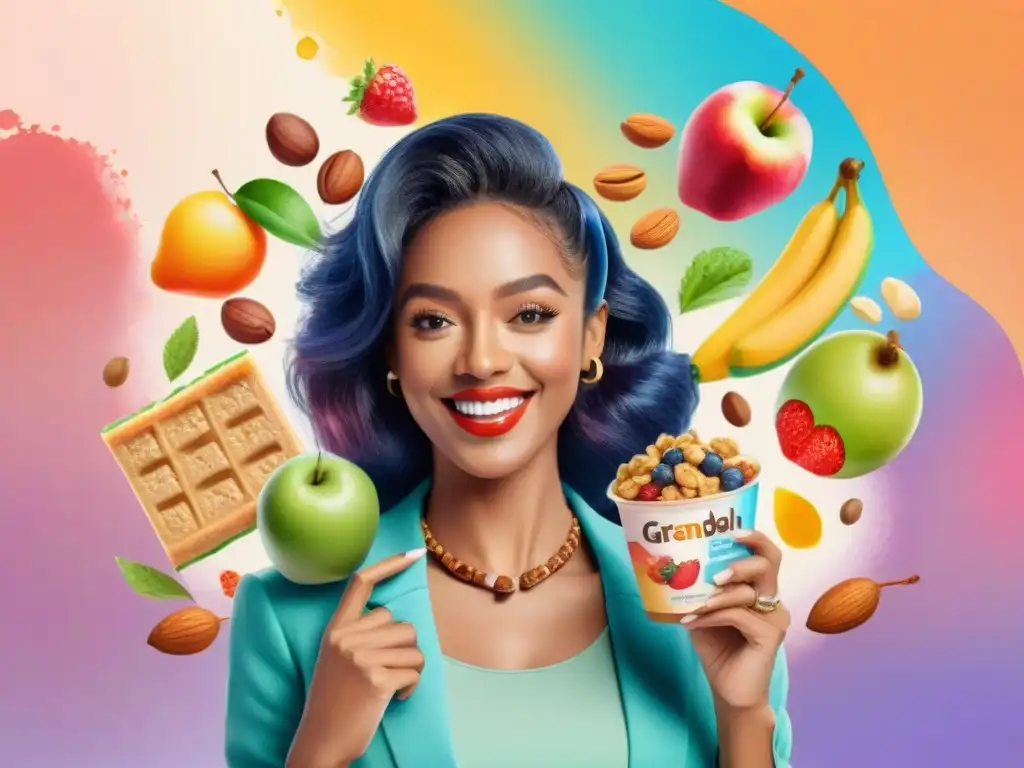 Influencers promocionando snacks saludables en acuarela Un grupo diverso de influencers promocionando snacks saludables, en una ilustración colorida y moderna