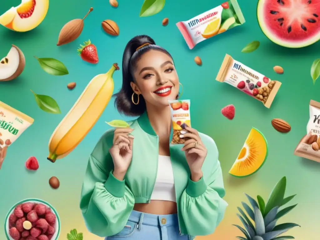 Grupo diverso de influencers con snacks saludables en acuarela Un grupo diverso de influencers con snacks saludables en un entorno fresco y vibrante
