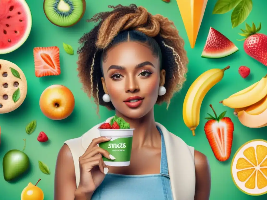Influencers saludables promocionando snacks: ilustración acuarela Un grupo diverso de influencers sostiene snacks saludables, rodeados de iconos de redes sociales