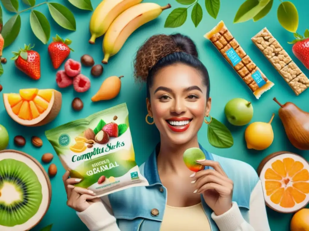 Influencers sonrientes promocionando snacks saludables en acuarela Un grupo diverso de influencers sonrientes sostienen snacks saludables rodeados de frutas y naturaleza en una ilustración acuarela detallada