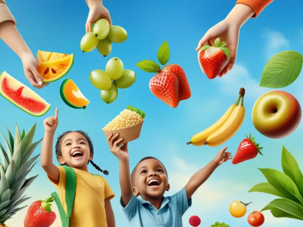 Niños felices y saludables disfrutando de snacks coloridos en el parque Un grupo diverso de niños felices y vibrantes disfrutan de snacks saludables en un parque verde y soleado