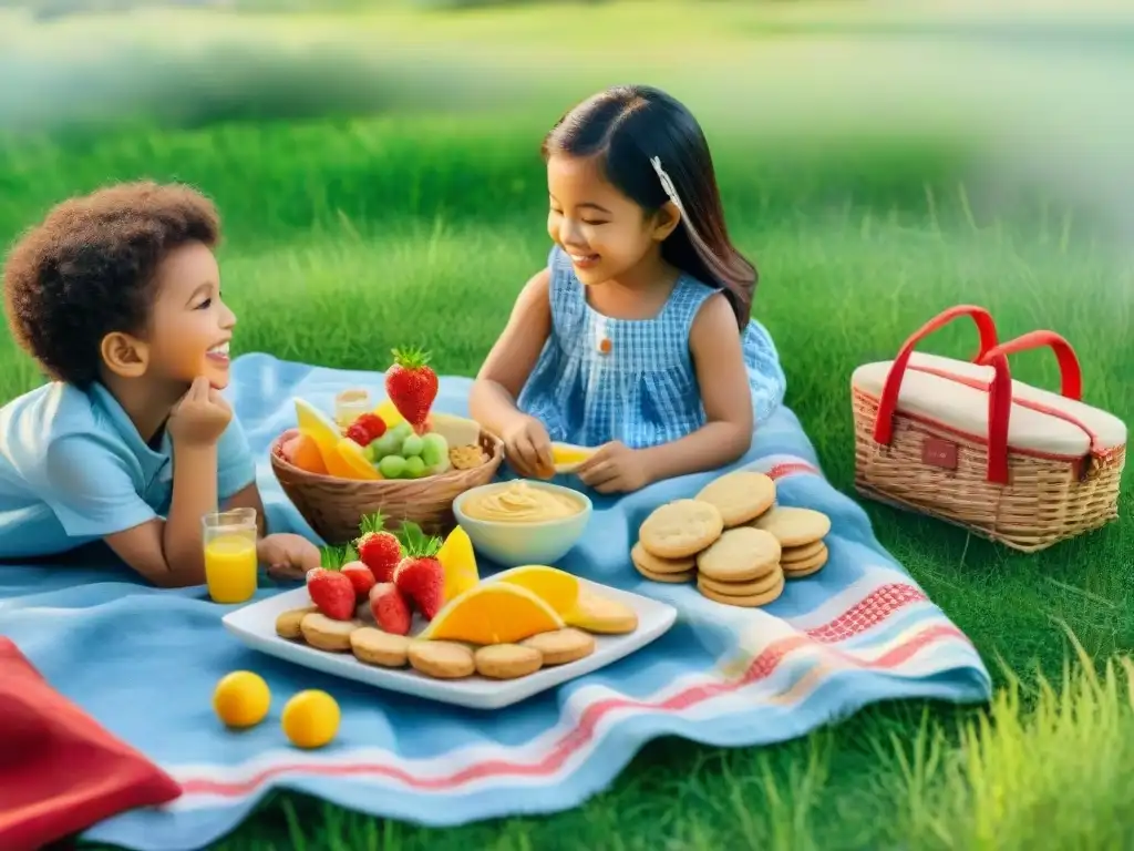 Picnic feliz con snacks sin alérgenos para niños Un grupo diverso de niños disfruta felizmente de un picnic con snacks saludables sin alérgenos en un parque soleado