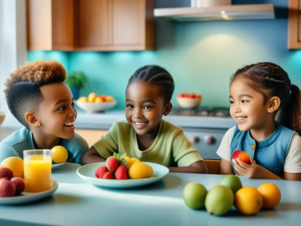 Alegre merienda sin alérgenos: niños diversos disfrutan juntos en la cocina Un grupo diverso de niños disfruta snacks saludables sin alérgenos en una cocina acogedora y luminosa