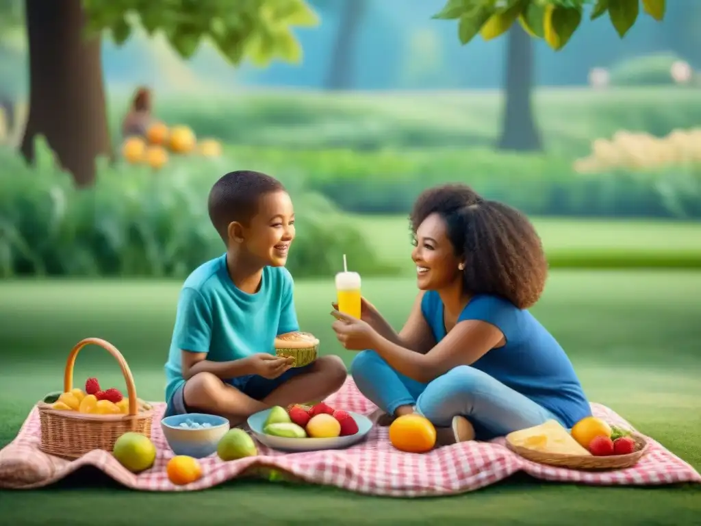 Picnic multicultural con snacks sin alérgenos Un grupo diverso de niños sonrientes comparten snacks saludables sin alérgenos en un parque soleado