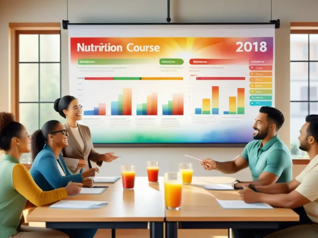 Clase de nutrición: aprendiendo juntos hábitos saludables Un grupo diverso de personas asiste a un curso de nutrición certificado con un experto en un aula luminosa y acogedora
