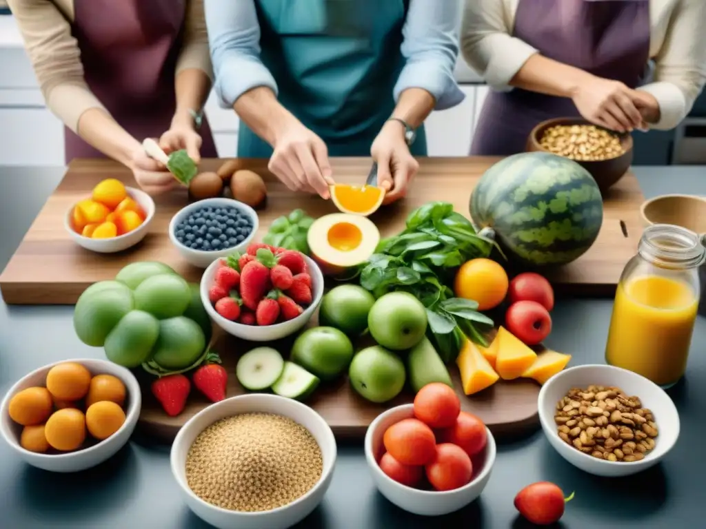 Cocina saludable: diversión entre amigos preparando snacks Un grupo diverso de personas prepara y comparte snacks saludables caseros en una cocina acogedora y sostenible
