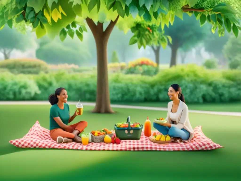 Picnic sostenible: familia feliz comparte alimentos saludables en el parque Un grupo diverso disfruta de un picnic con envases reutilizables snacks saludables en un parque verde y soleado